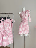 Elegant Halter Candy-Colored Pink Checkered Dress