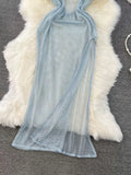 Ethereal Blue Mesh Overlay Summer Slip Dress