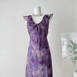 Tie Front V Neck Purple Maxi Dress