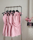 Elegant Halter Candy-Colored Pink Checkered Dress