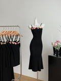 Rose Embellishments Stylish Black Midi Dress