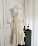 Ruched Waist Cascading Ruffles Satin Beige Dress