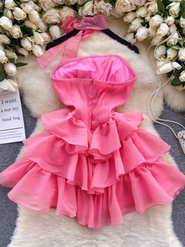 satin ruffle flare dress in pink Square Mini Short Satin Cocktail Fit & Flare Ava Presley 42449
