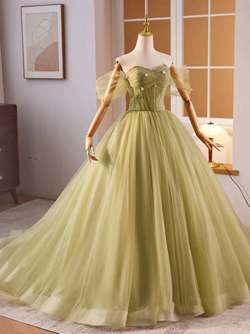Floral Off The Shoulder Green Tulle Prom Dress