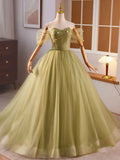 Floral Off The Shoulder Green Tulle Prom Dress