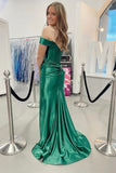 Mermaid Green Satin Ruched Off Shoulder Prom Dress