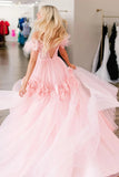 Lace Feather Off Shoulder Pink Prom Dress with Flowers
