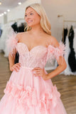Lace Feather Off Shoulder Pink Prom Dress with Flowers