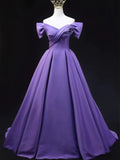 Off The Shoulder Purple Satin Ruched Prom Dress