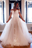 Light Champagne Lace Chapel Train Off the Shoulder Wedding Dress