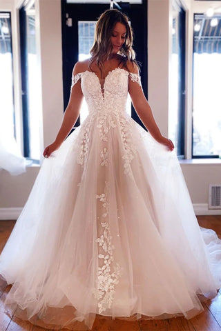 Light Champagne Lace Chapel Train Off the Shoulder Wedding Dress