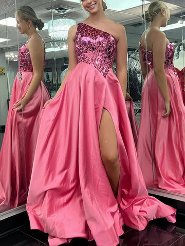 Pink Satin One Shoulder Mirror Sequins Prom Dress With Slit