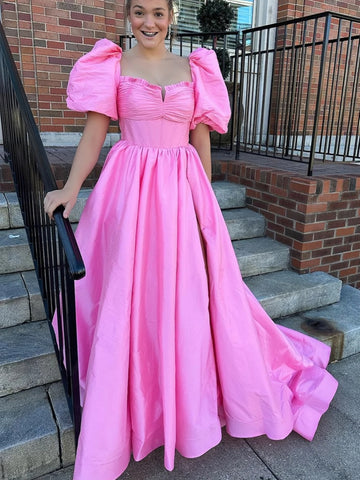 Backless Bowknot Puffy Sleeve Pink Satin Prom Dress