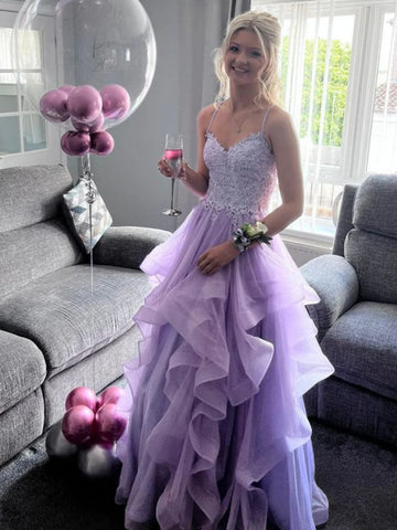 A Line Tulle Appliques Lace Purple Ruffles Prom Dress
