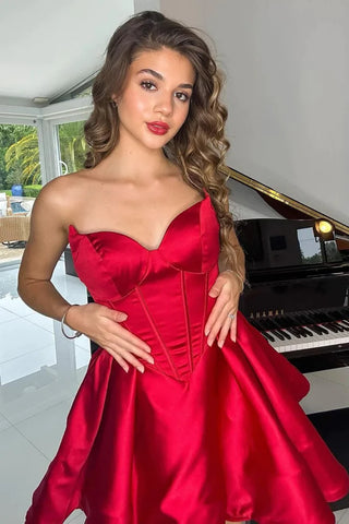 Strapless Short Pleats Red Satin Homecoming Dress