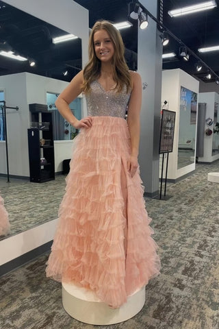 Pink Tulle Sequin V Neck Prom Dress with High Slit