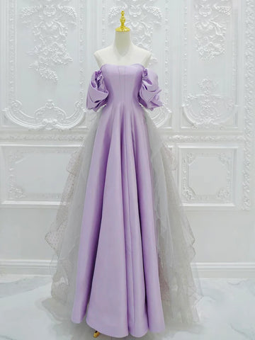 Ruffles Satin Tulle Purple Sweetheart Prom Dress