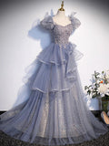 Elegant Glitter Tulle Ruffles Beading Prom Dress