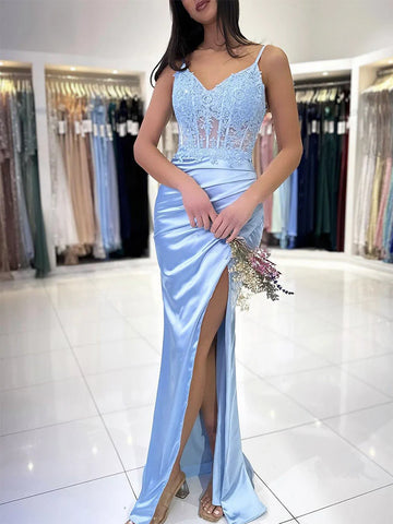 Blue Spaghetti Straps Satin Sheer Mermaid Long Prom Dress