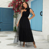 Champagne Tulle One-shoulder Mesh Layered Party Dress