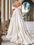 Champagne Beading Off The Shoulder Satin Wedding Dress With Pockets