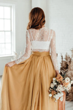 Gold Lace Jewel Two Piece Long Sleeves A-line Prom Dress