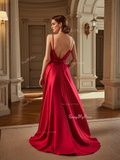 Backless Red Satin Spaghetti Straps Prom Dress With Slit