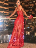 See Through A Line Red Lace Long Prom Dress