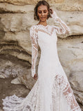 Long Sleeve White Sheer Embroidered Wedding Dress