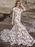 Long Sleeve White Sheer Embroidered Wedding Dress