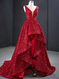 Burgundy Sequins High Low V Neck Ruffles Prom Dress