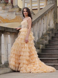 Layered Sparkle Strapless Champagne Tulle Prom Dress