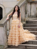 Layered Sparkle Strapless Champagne Tulle Prom Dress