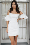 Strapless Bubble Sleeves Satin White Short Wedding Dress