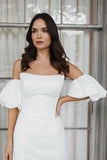 Strapless Bubble Sleeves Satin White Short Wedding Dress
