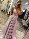 Spaghetti Strap Pink Sequin Backless Prom Dress with High Slit