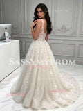 Back view of ivory lace tulle A-line wedding dress with open V-back and court train