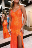 Glittering Orange Sequin Prom Dress with Leg Slit