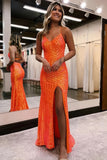 Glittering Orange Sequin Prom Dress with Leg Slit