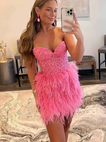 Strapless Beading Pink Sheath Column Feather Homecoming Dress