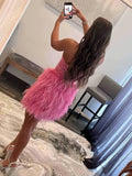 Strapless Beading Pink Sheath Column Feather Homecoming Dress