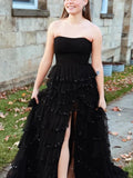 Sequins Ruffles Black Lace Prom Dress with High Slit