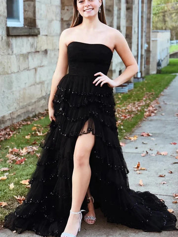 Sequins Ruffles Black Lace Prom Dress with High Slit