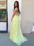 Yellow Lace Ruffles Strapless Layered Long Prom Dress