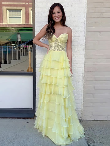 Yellow Lace Ruffles Strapless Layered Long Prom Dress