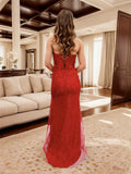 Lace Appliques Mermaid Red Prom Dress with High Split