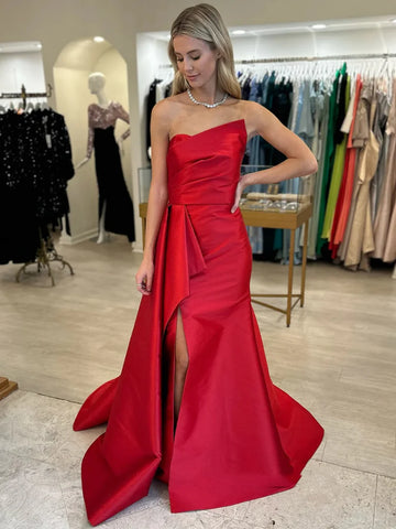 Burgundy Strapless A Line Satin Prom Dress With Slit