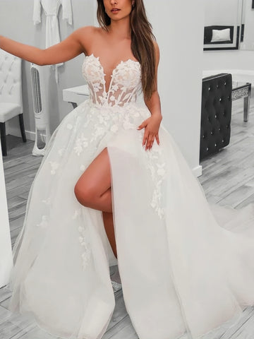 Sweetheart V Neck White Lace High Slit Wedding Dress