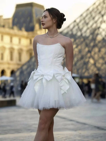 White Tulle Strapless Homecoming Dress with Bow Details