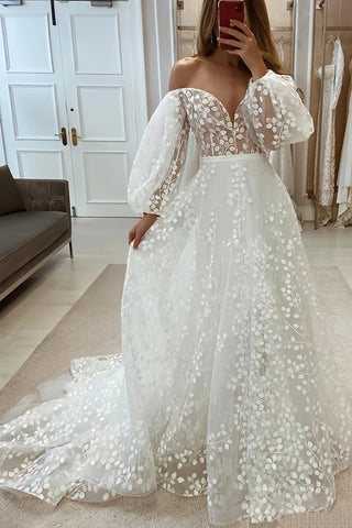 Off the Shoulder Lace Puffy Long Sleeves Wedding Dress